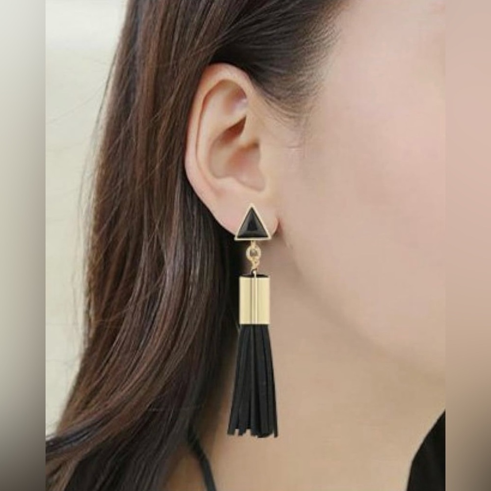 Sleek Black Gold Chain Tassel Drop Earrings Long Leather Fringe Dangle NWOT